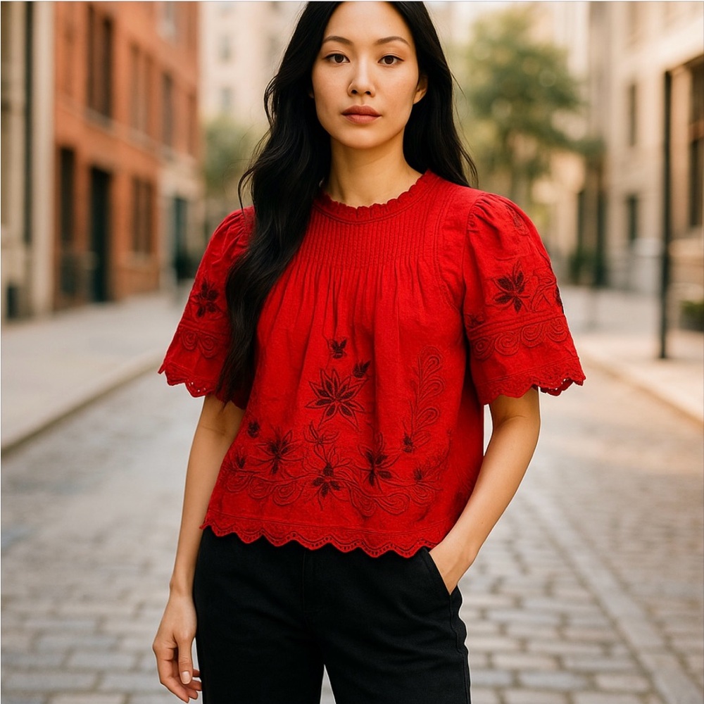 Sea New York Red Floral Embroidered Blouse